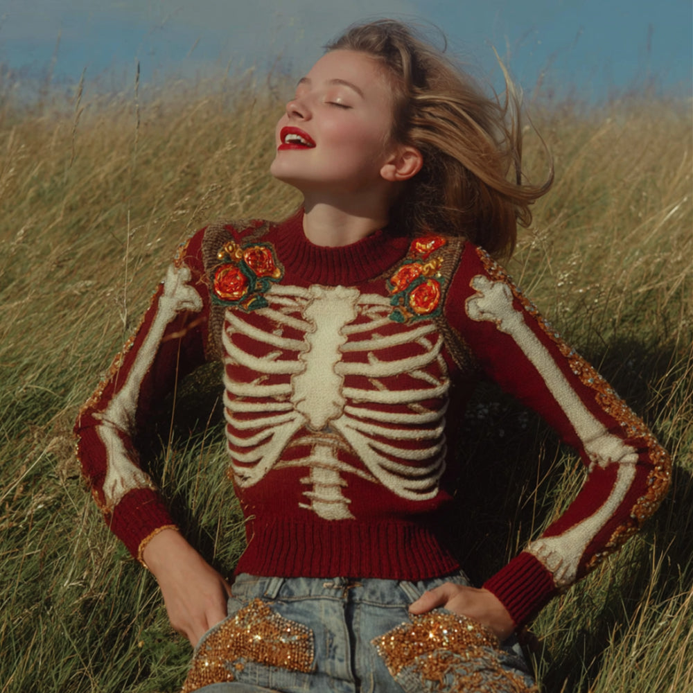 Women's Artistic Sense Halloween Anatomy And Floral Deep Red Round Neck Sweater artswardrobe