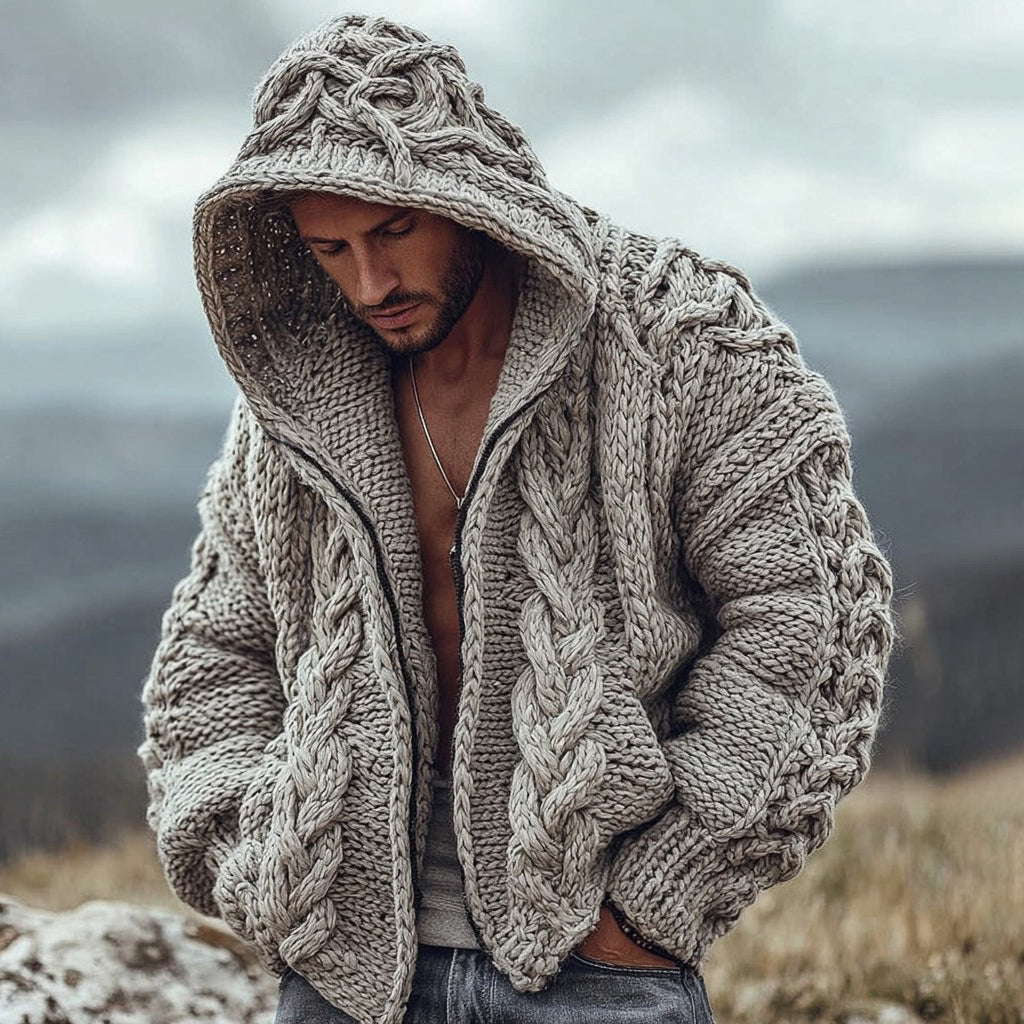 Men's Casual Cable Knit Warm Hooded Zip-up Sweater artswardrobe