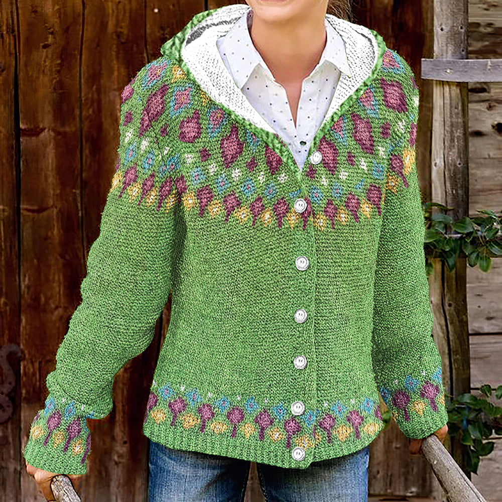 Fairman Island Geometric Contrast Print Button Knit Cardigan elevenforest