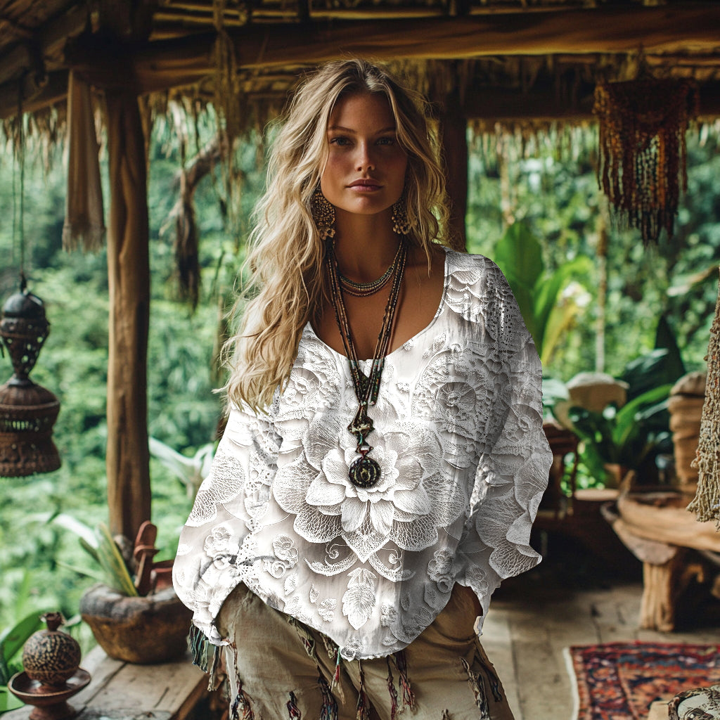 Comstylish Vintage Lace Floral Linen Blend Shirt