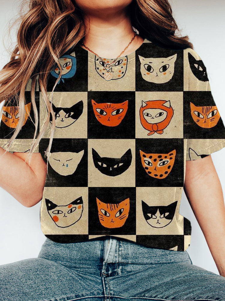 Strange Cats Print Short Sleeve T-Shirt elevenforest