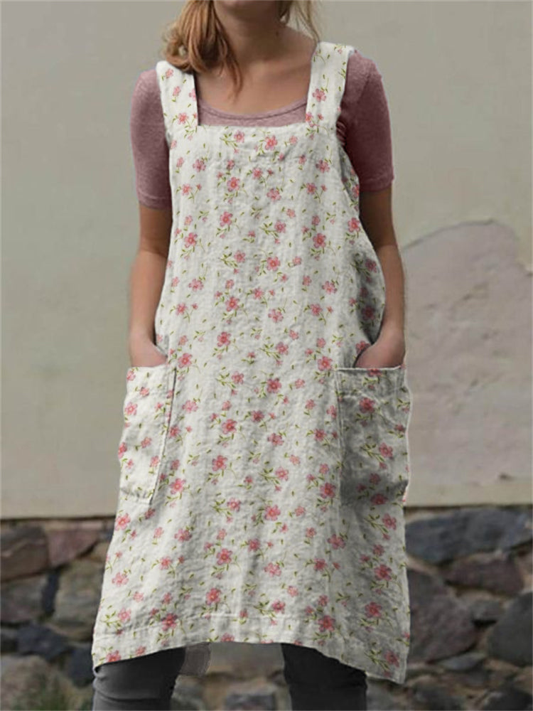 Cottage Floral Patch Pockets Cross Back Apron artswardrobe