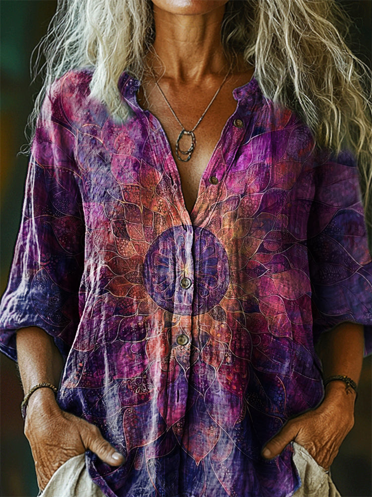 Women's Vintage Bohemian Floral Art Print Casual Cotton Linen Shirt