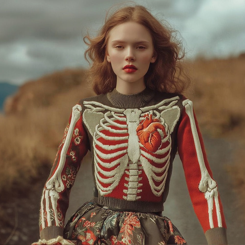 Women's Halloween Skeleton Art And Flower Color Blocked Round Neck Sweater artswardrobe