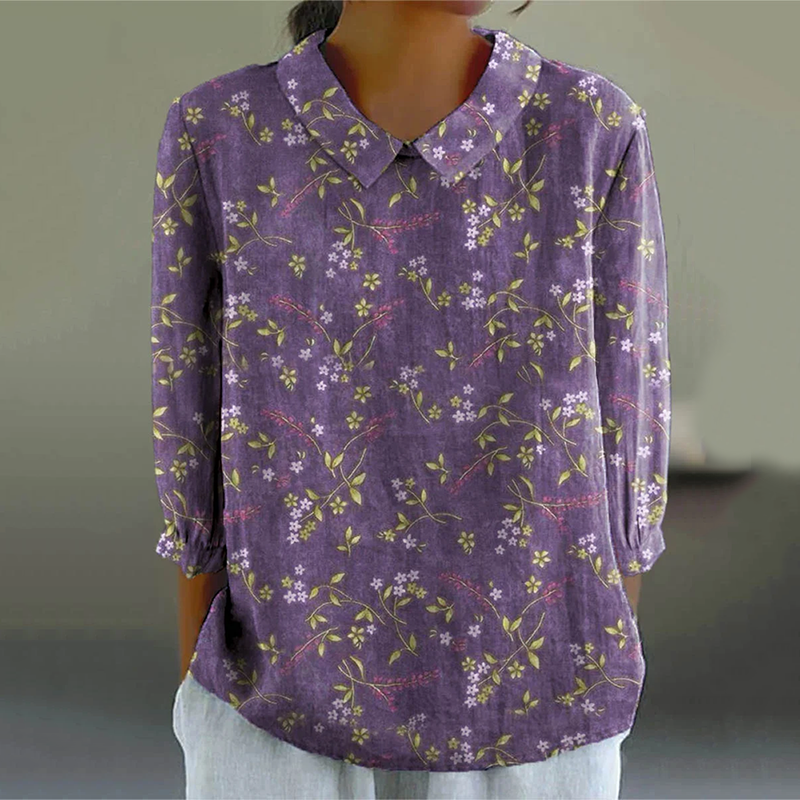 Women's Vintage Tranquil Spring Lovely Floral Art Print Design Lapel Shirt artswardrobe