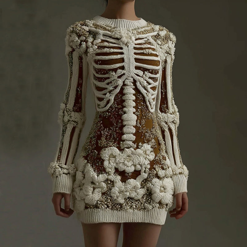 Women's Halloween Skeleton Art Gothic Knit Mini Sweater Dress artswardrobe