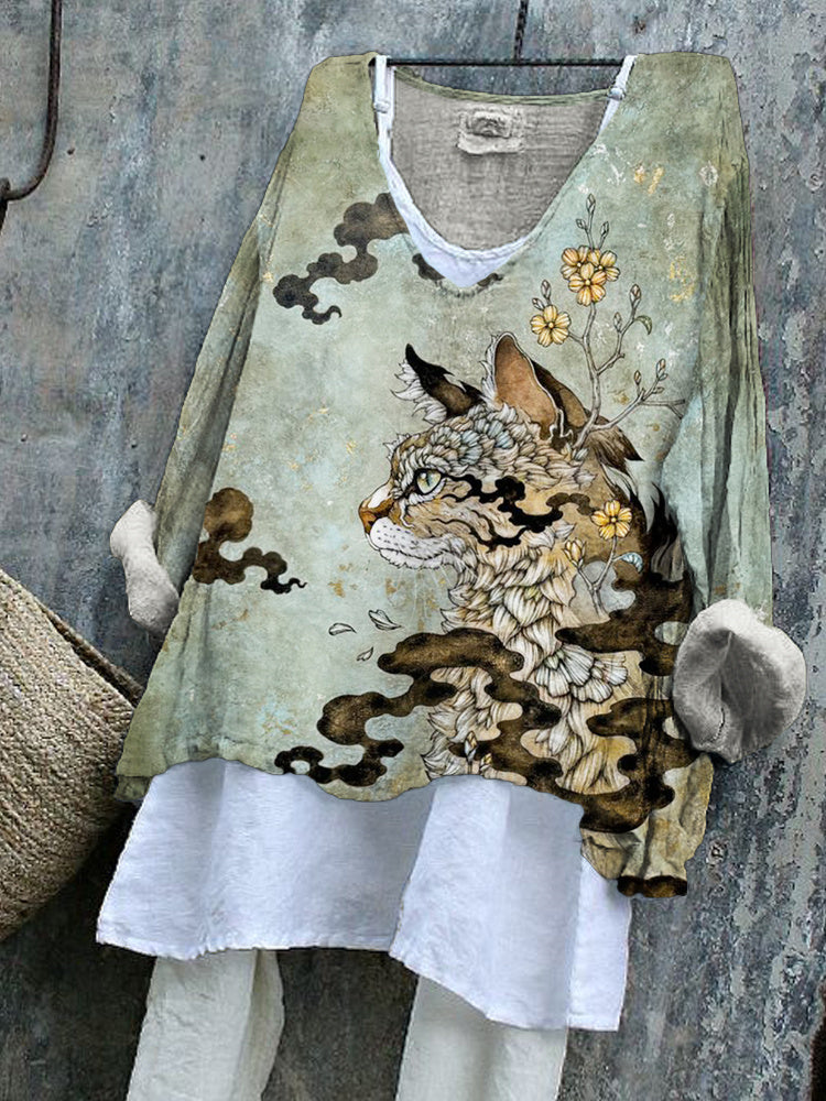 Japanese Art Mysterious Ink Cat Flowy Tunic elevenforest