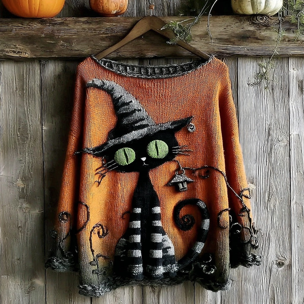 Comstylish Halloween Black Cat Knitted Crew Neck Sweater
