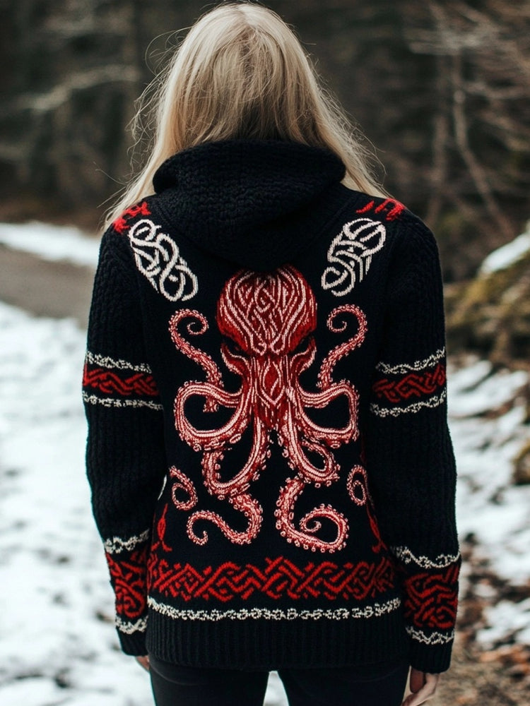 Cthulu Celtic Cozy Jacquard Chunky Hooded Cardigan artswardrobe