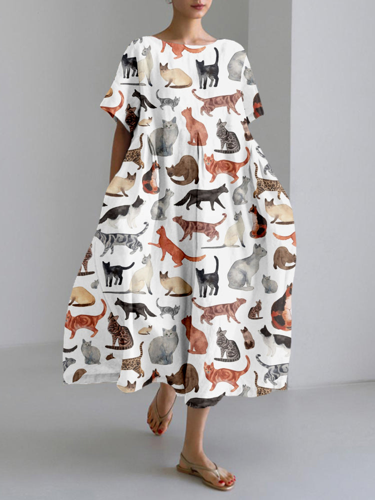 Watercolour Cats Art Linen Blend Maxi Dress elevenforest
