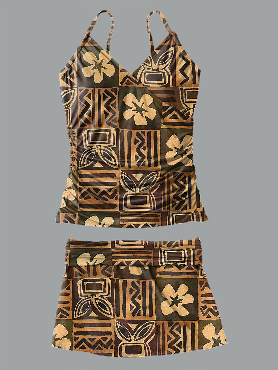 V-Neck Vintage Abstract Art Print Suspender Skirt Tankini Pantskirt Set Swimsuit