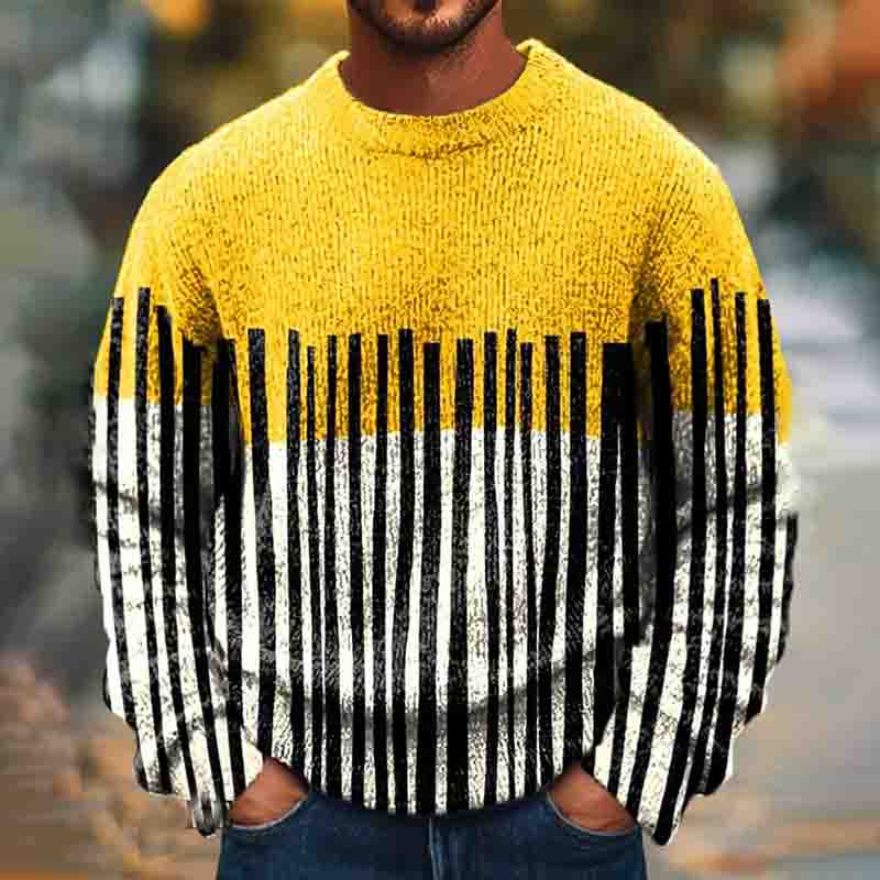 Men's Vintage Color Block Stripes Art Knitted Crew Neck Sweater elevenforest