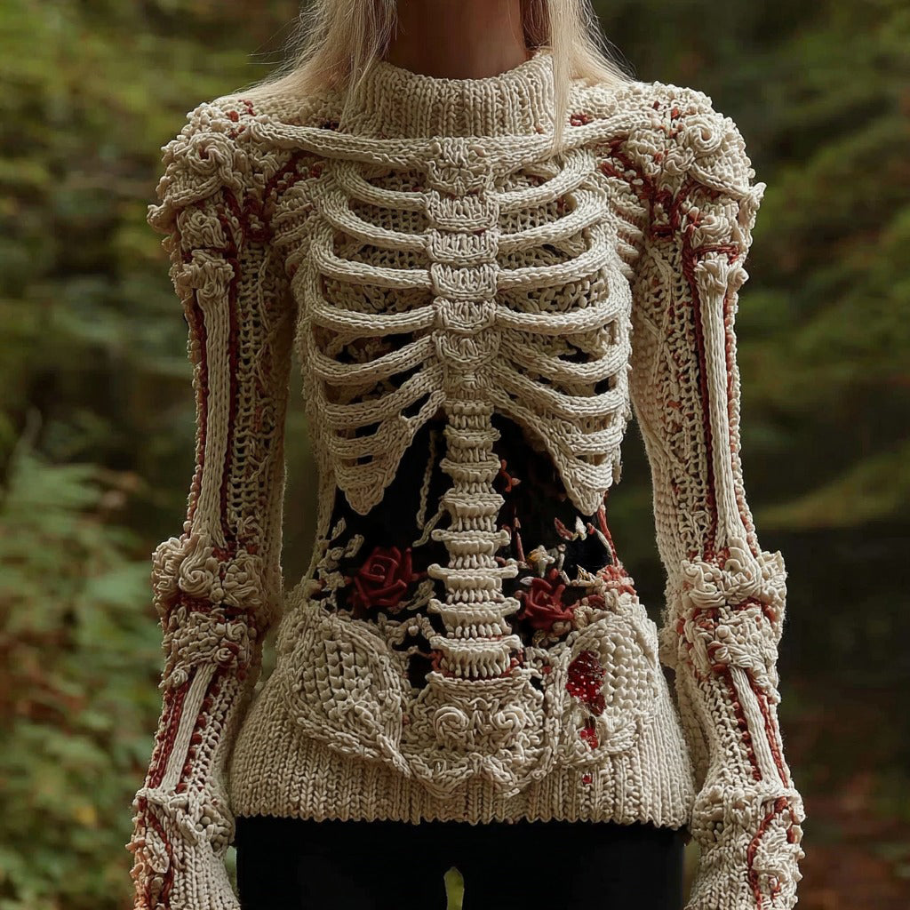 Vintage Skull Human Anatomy Rose Art Knit Turtleneck Sweater artswardrobe