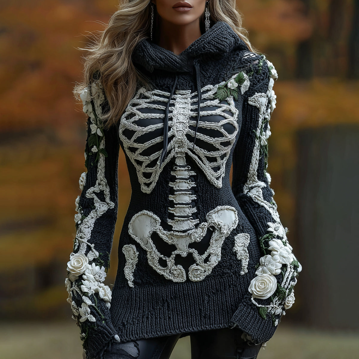 Women's Halloween Skeleton Bones With Roses Art Knitted Warm Hooded Sweater artswardrobe