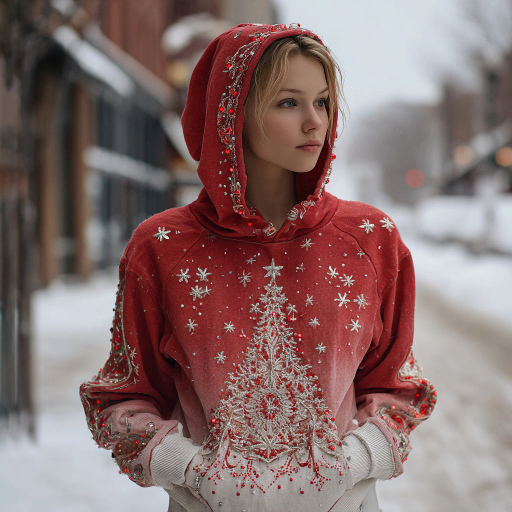 Comstylish Women's Rhinestone Christmas Tree Art Print Casual Hoodie