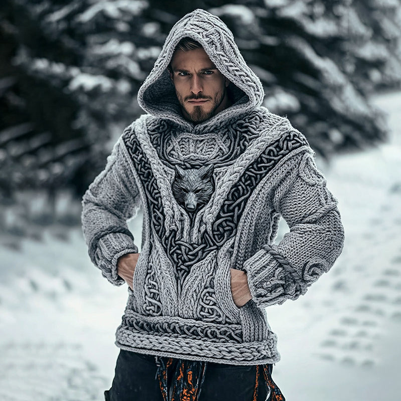 Men's Viking Tribal Wolf Inspired Chunky Knit Pocket Hooded Sweater artswardrobe