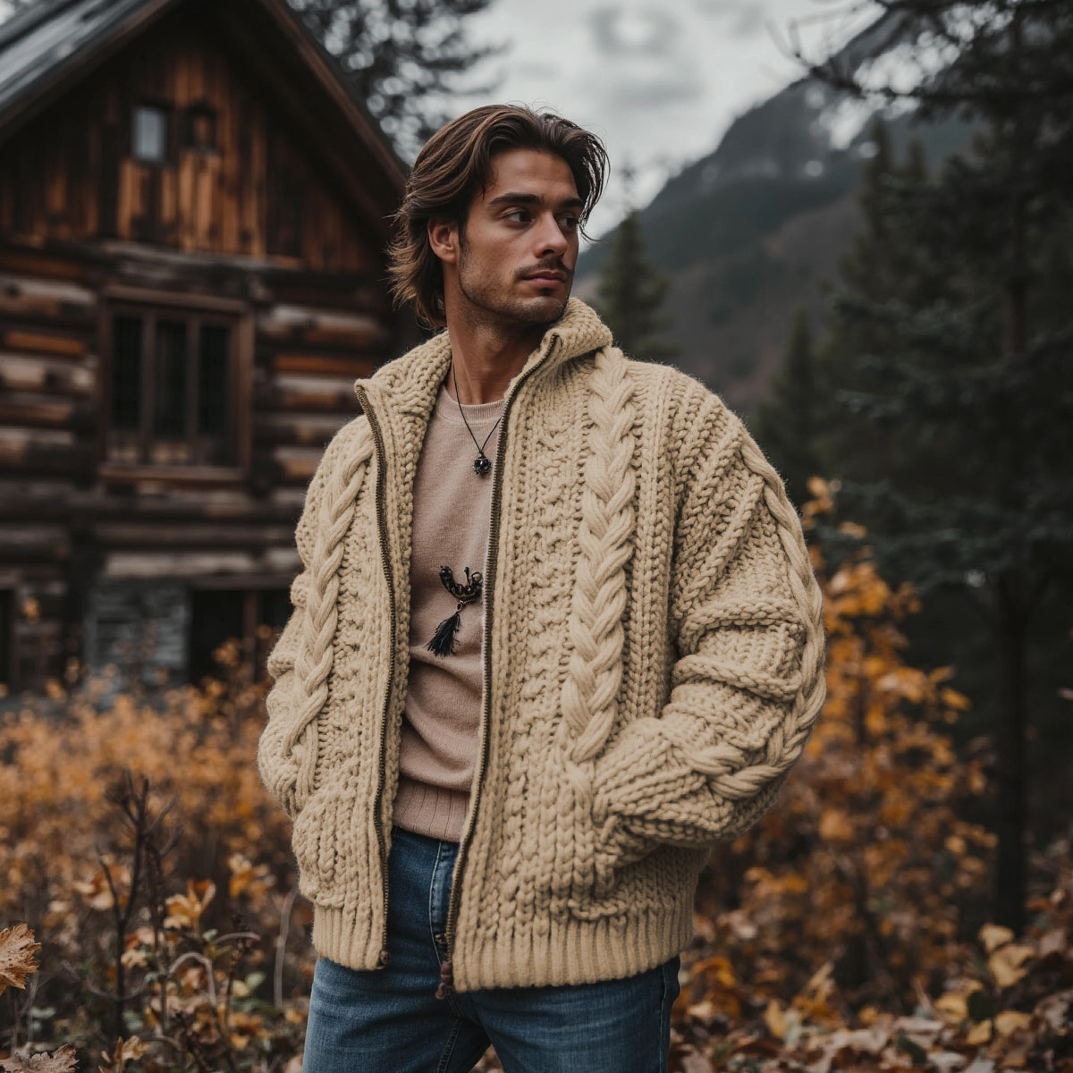 Men'S Burlap Pattern Vintage Stand Collar Zipper Sweater elevenforest