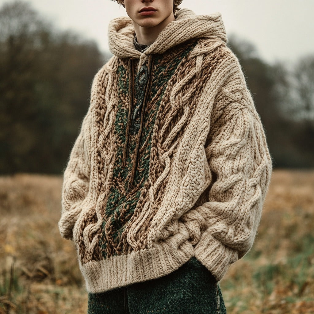 Men's Vintage Celtic Knot Knit Cozy Hooded Sweater artswardrobe