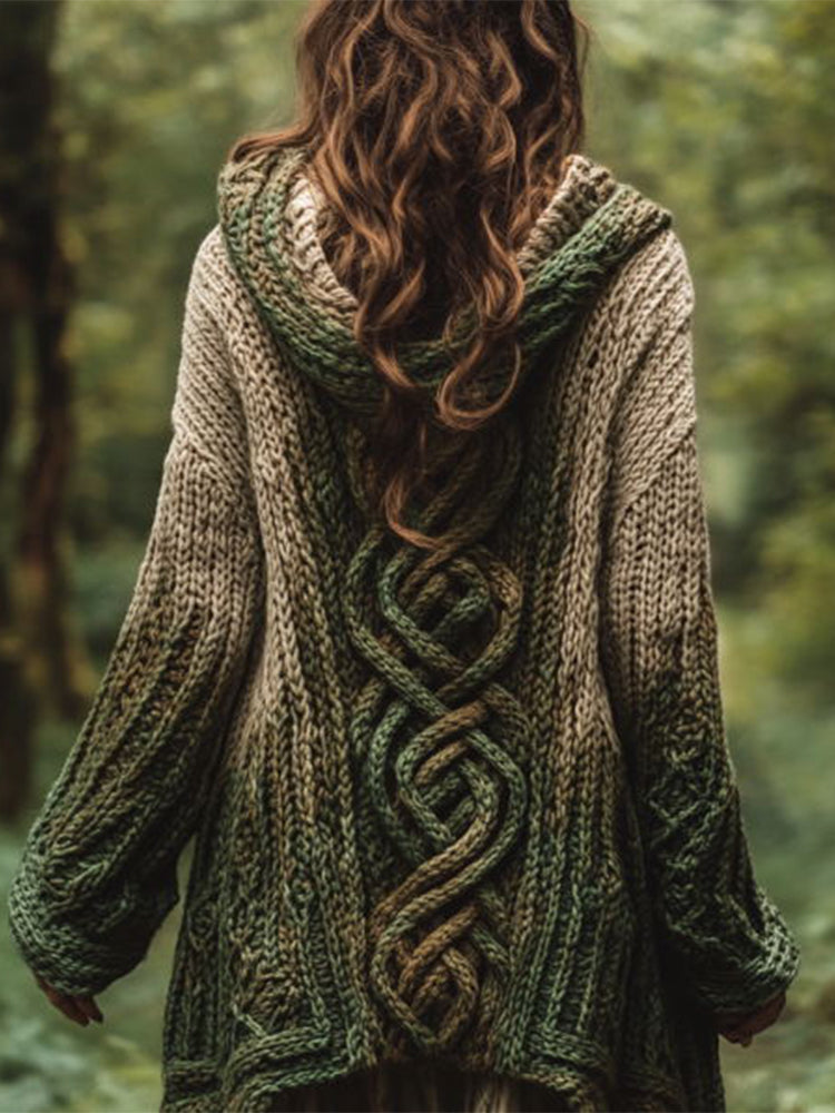 Women's Celtic Knot Gradient Color Cozy Knit Hooded Cardigan artswardrobe