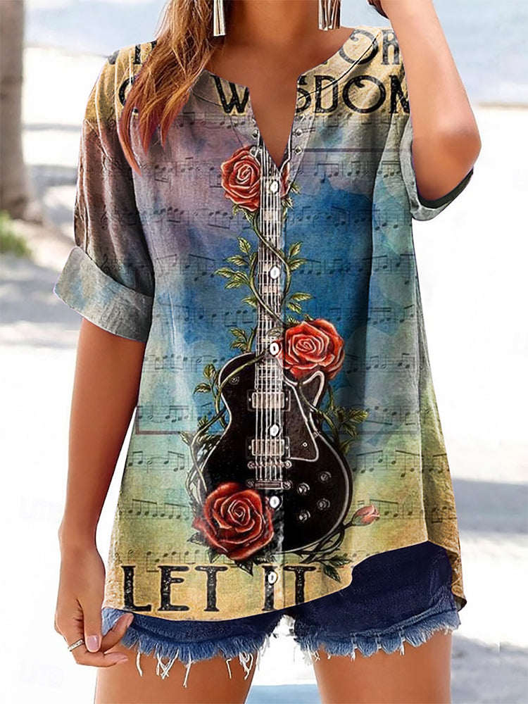 Women's Rose Guitar Pattern Art Print Cotton Linen Short Sleeve Shirt