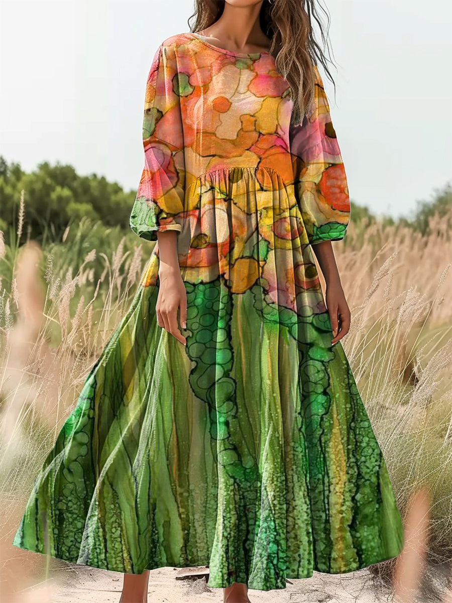 Women's Watercolor Flowers Print Flowy Cotton Crew Neck Dress