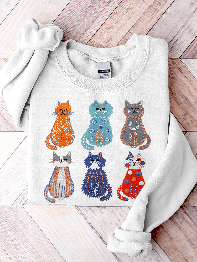 Cute Cats Embroidery Pattern Sweatshirt elevenforest