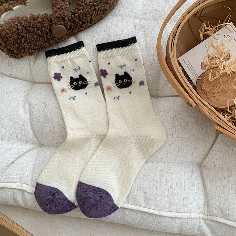 Comstylish Cute Cartoon Cat Wool Mid-calf Socks