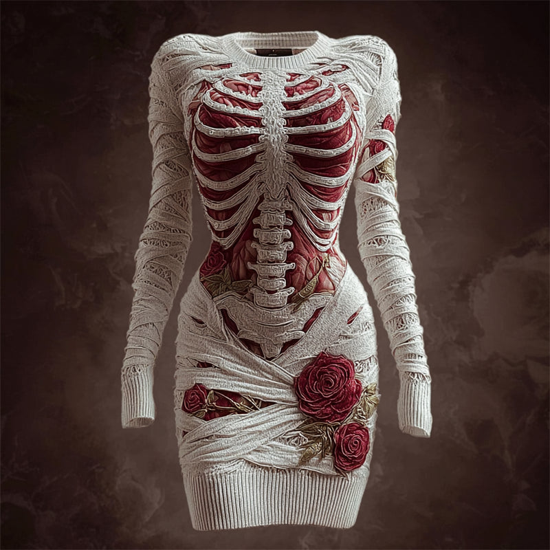 Skeleton Anatomy Roses Bandages Cozy Knit Sweater Dress artswardrobe