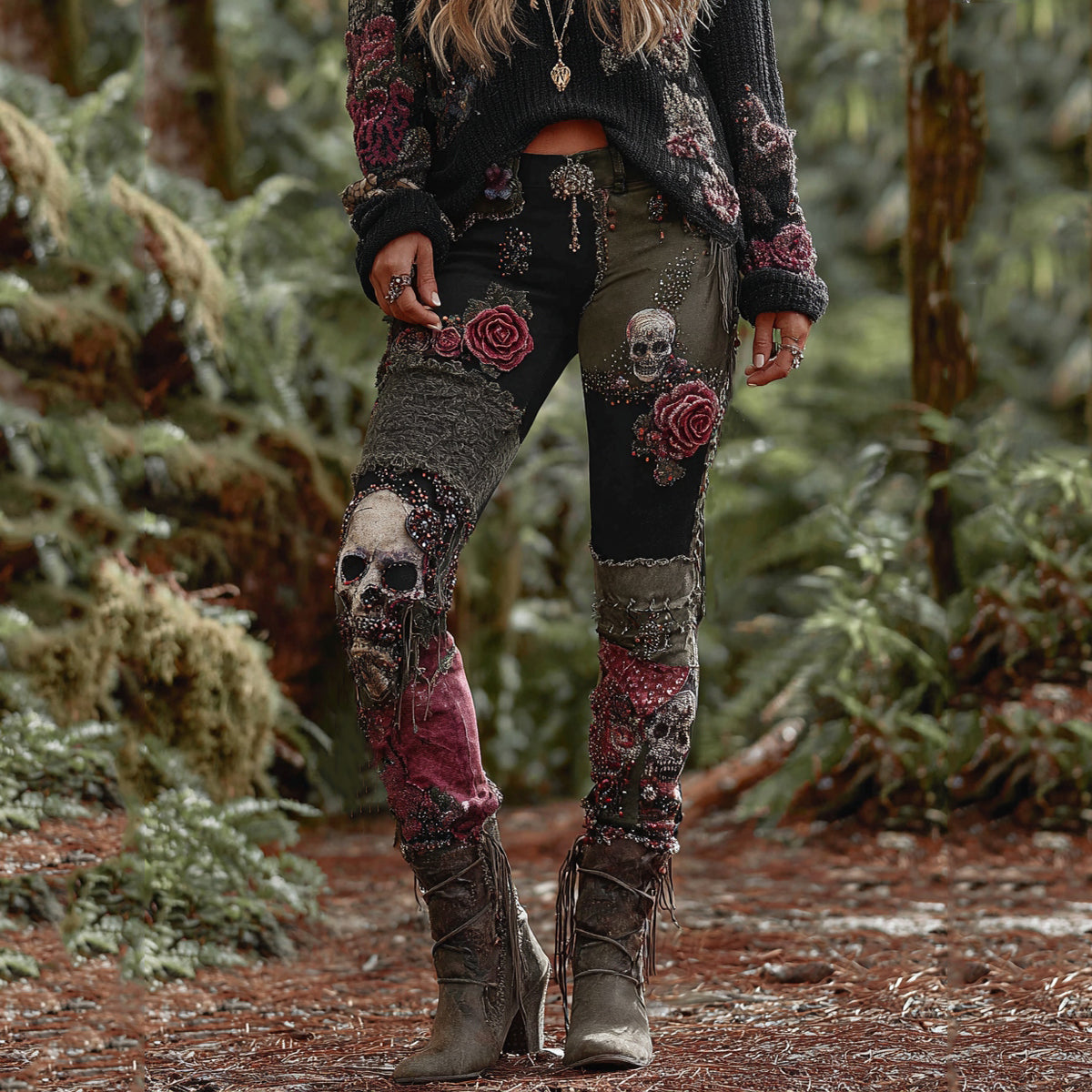 Comstylish Rose Skull Gothic Patchwork Rock Leggings