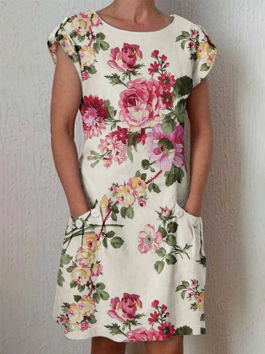 Women's Vintage Floral Dress with Pockets
