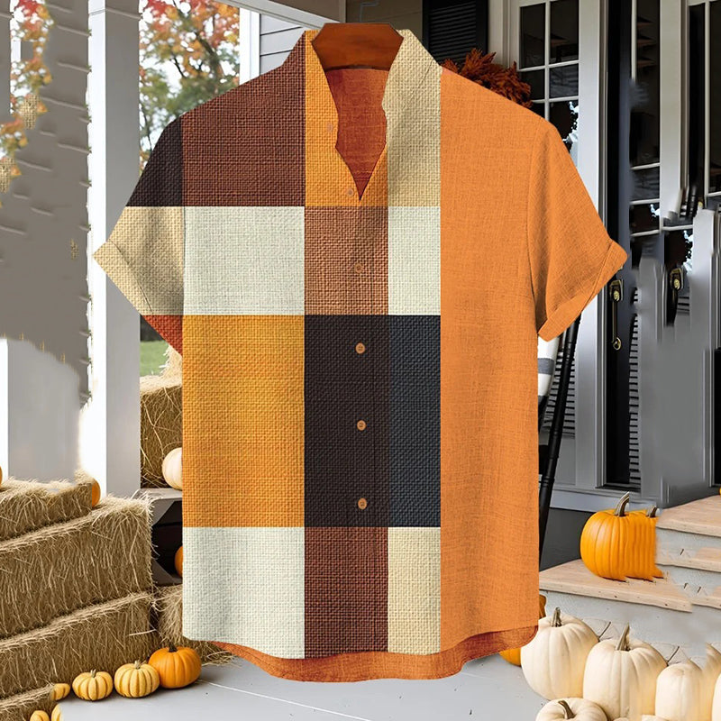 Men's Plaid Colorblock Print Short Sleeve Shirt artswardrobe