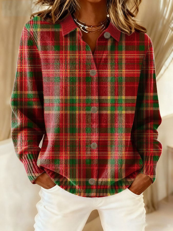 Women'S Plaid Print Casual Collared Knit Top