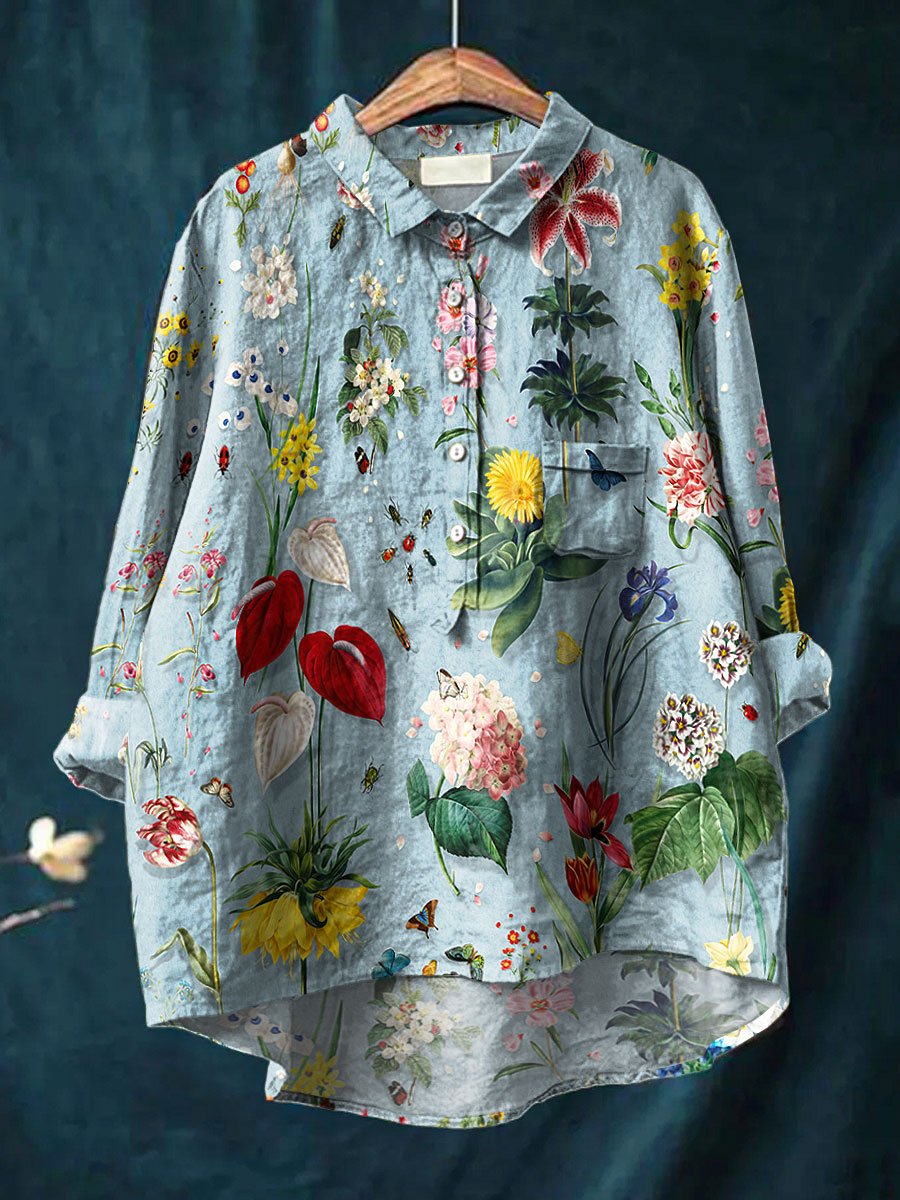Women's Multicolor Floral Art Print Casual Cotton And Linen Shirt