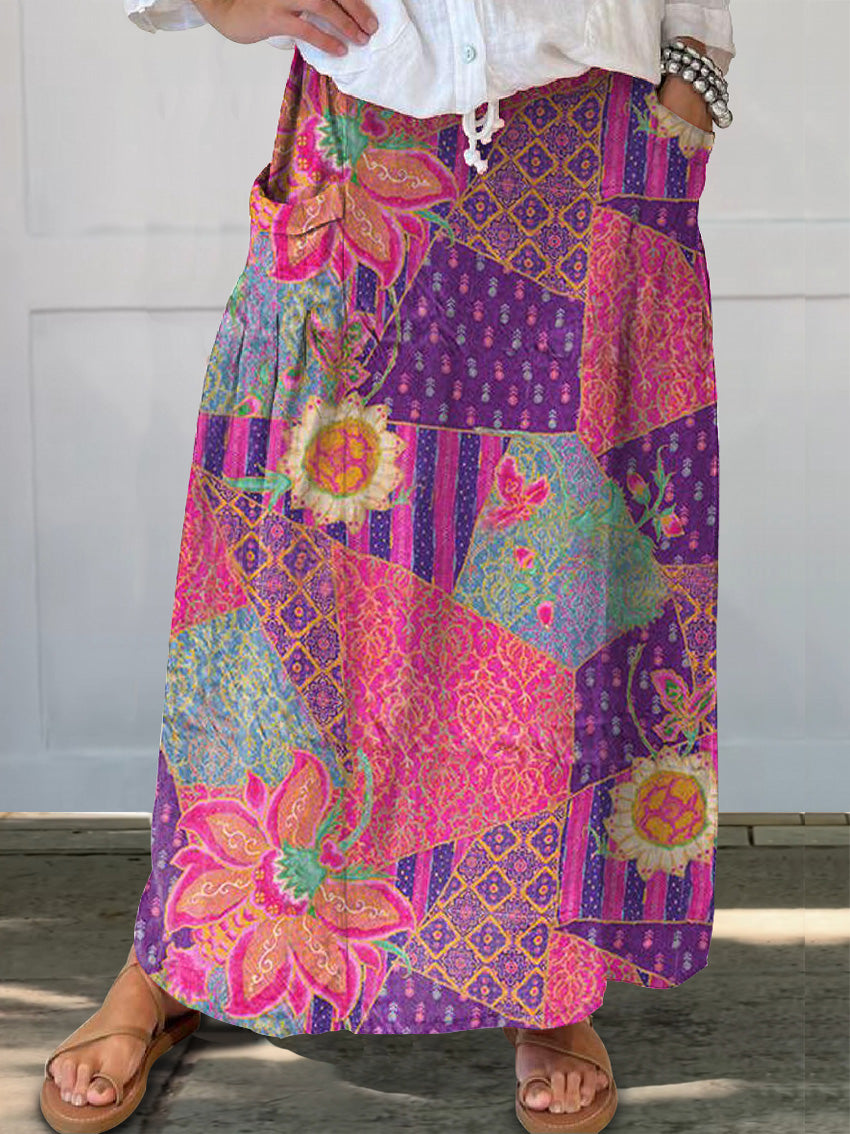 Women's Bohemian Floral Collage Art Print Linen Pocket Skirt
