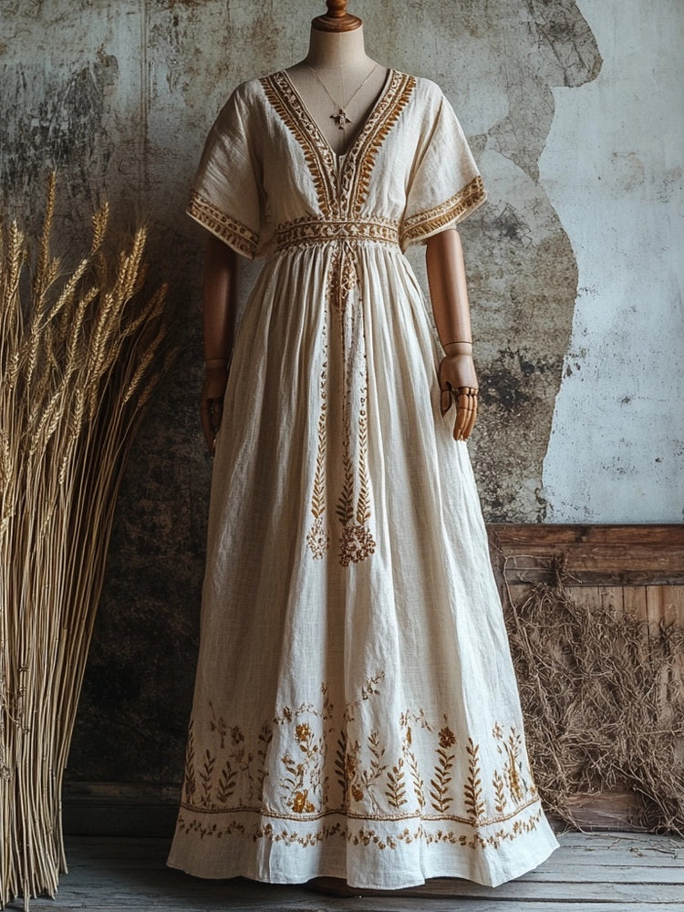 Lammas Wheat Embroidered V Neck Linen Maxi Dress artswardrobe