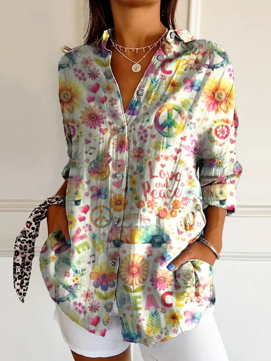 Women's Hippie Peace Love Art Print Casual Cotton Shirt