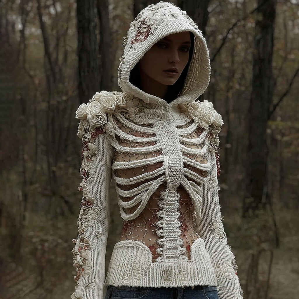 Women's Halloween Skull And White Rose Mesh Sweater artswardrobe