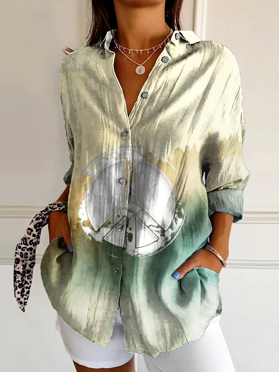 Women's Hippie Peace Sign Art Print Casual Cotton Shirt