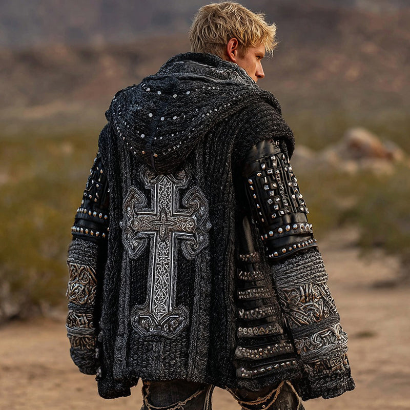 Men's Dark Style Cross Inspired Knitted Cozy Zipper Up Hooded Cardigan artswardrobe