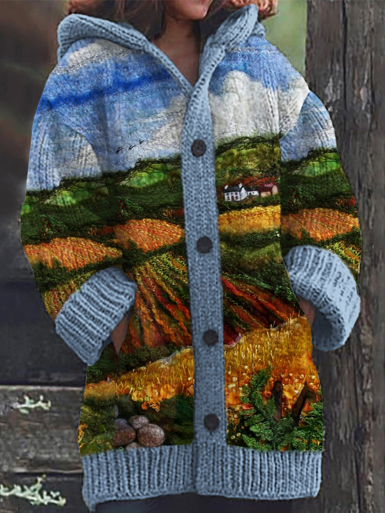 Fall Farm Landscape Felt Painting Cozy Knit Hooded Cardigan artswardrobe