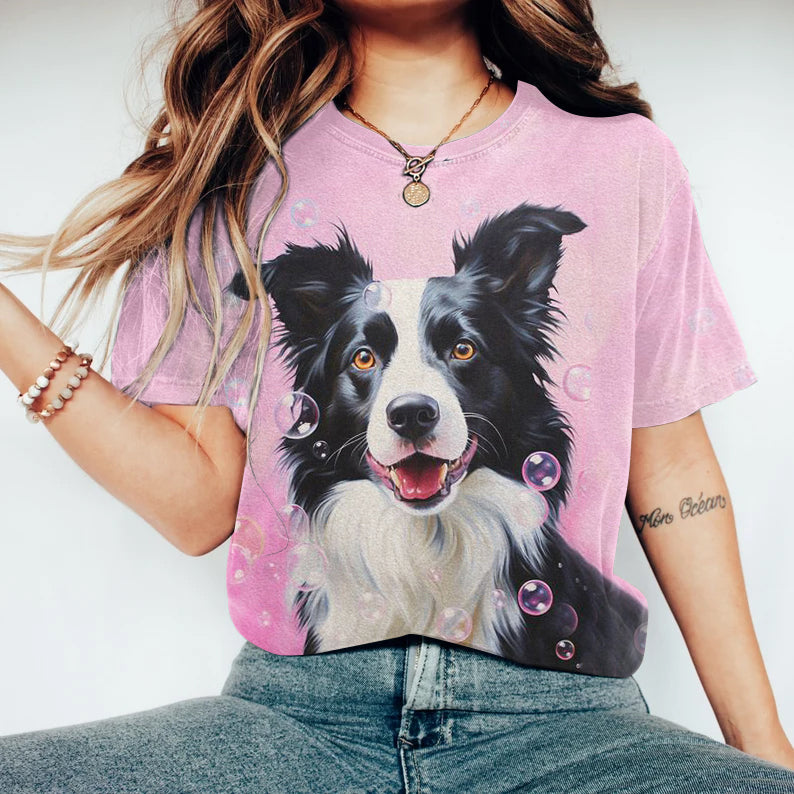 Comstylish Cute Dog Print Crew Neck Short Sleeved T-Shirt
