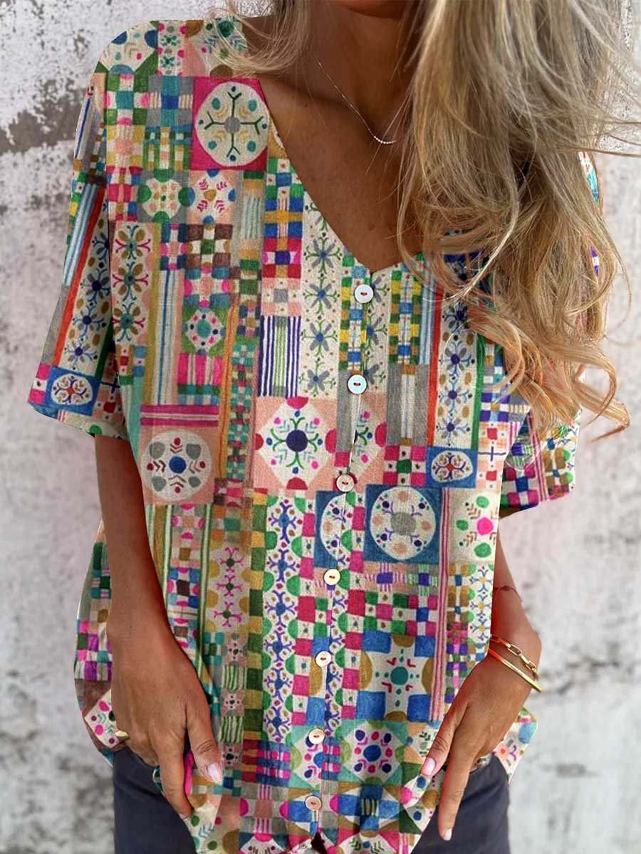 Women's Elegant Art Geometric Pattern Shirt Cotton and Linen Top