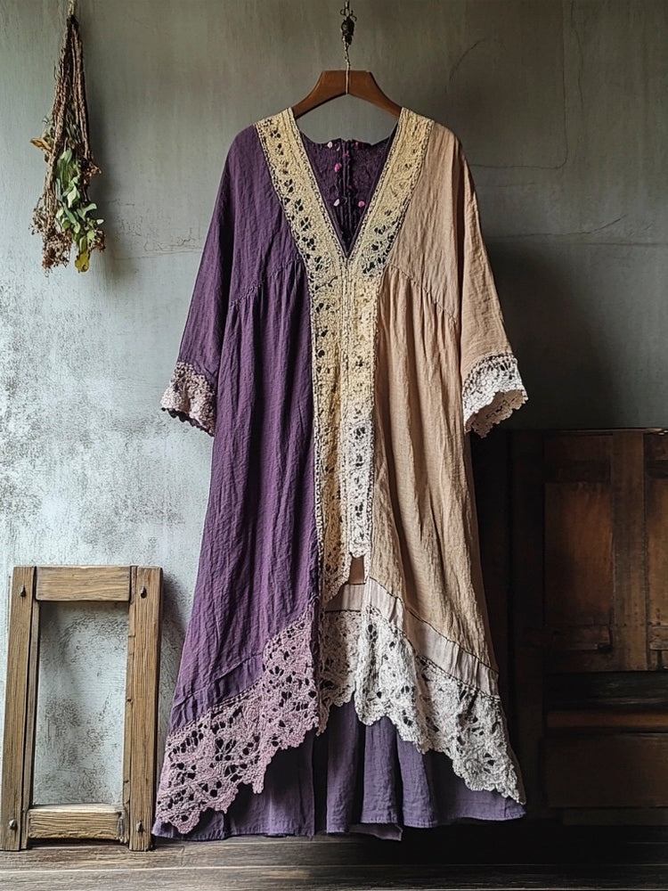 Vintage Lace Patchwork Clashing Color Women's Linen Long Dress artswardrobe