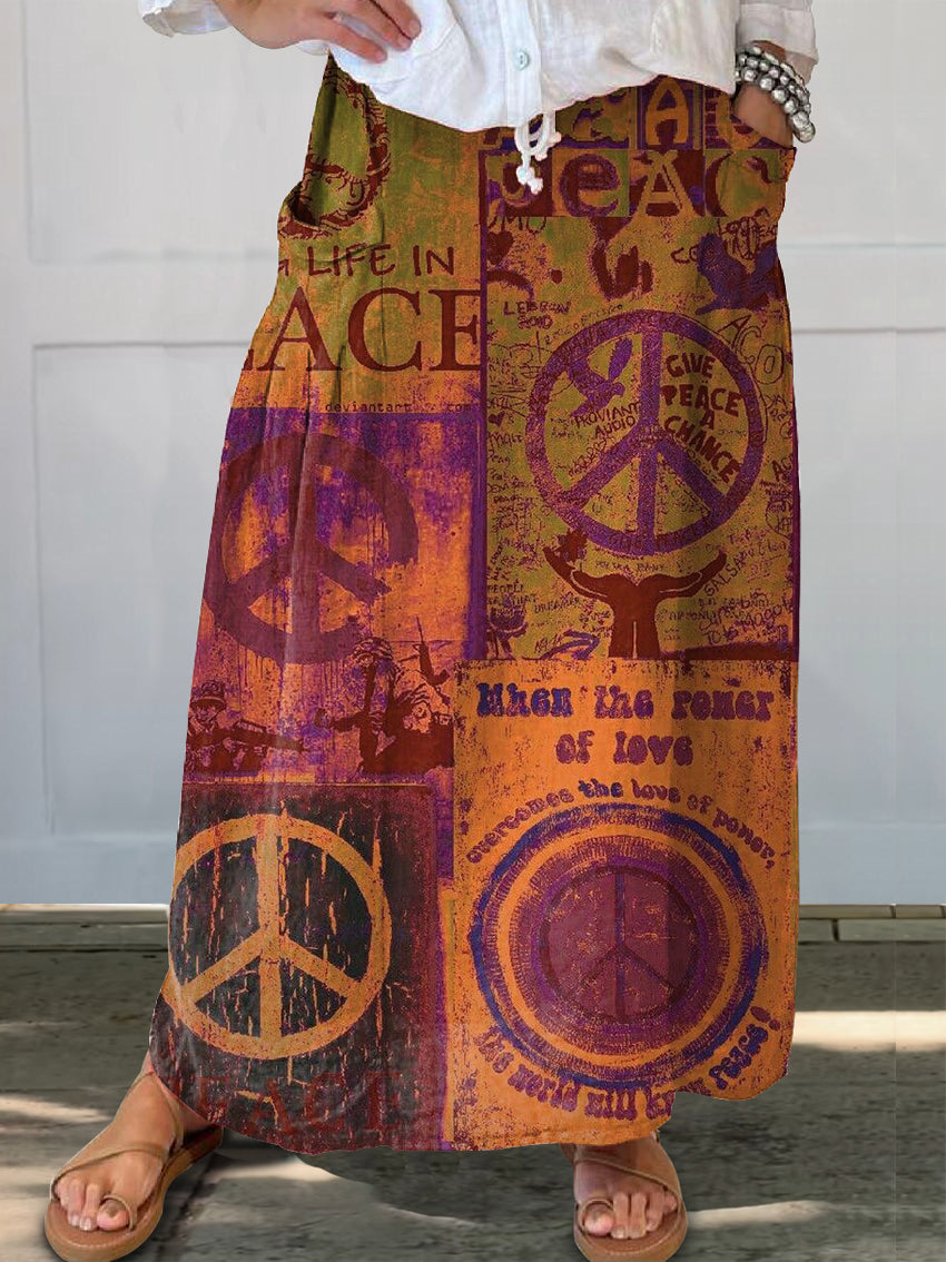 Women's Hippie Art Print Linen Pocket Skirt