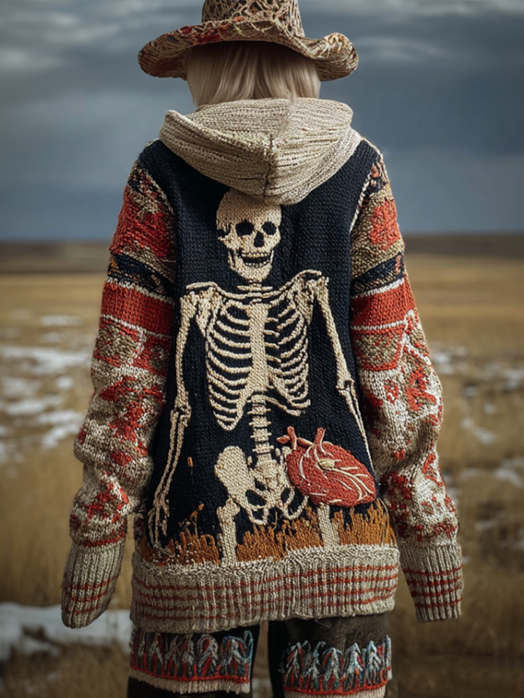 Halloween Skeleton Bone Design Women's Knit Hooded Sweater Coat artswardrobe