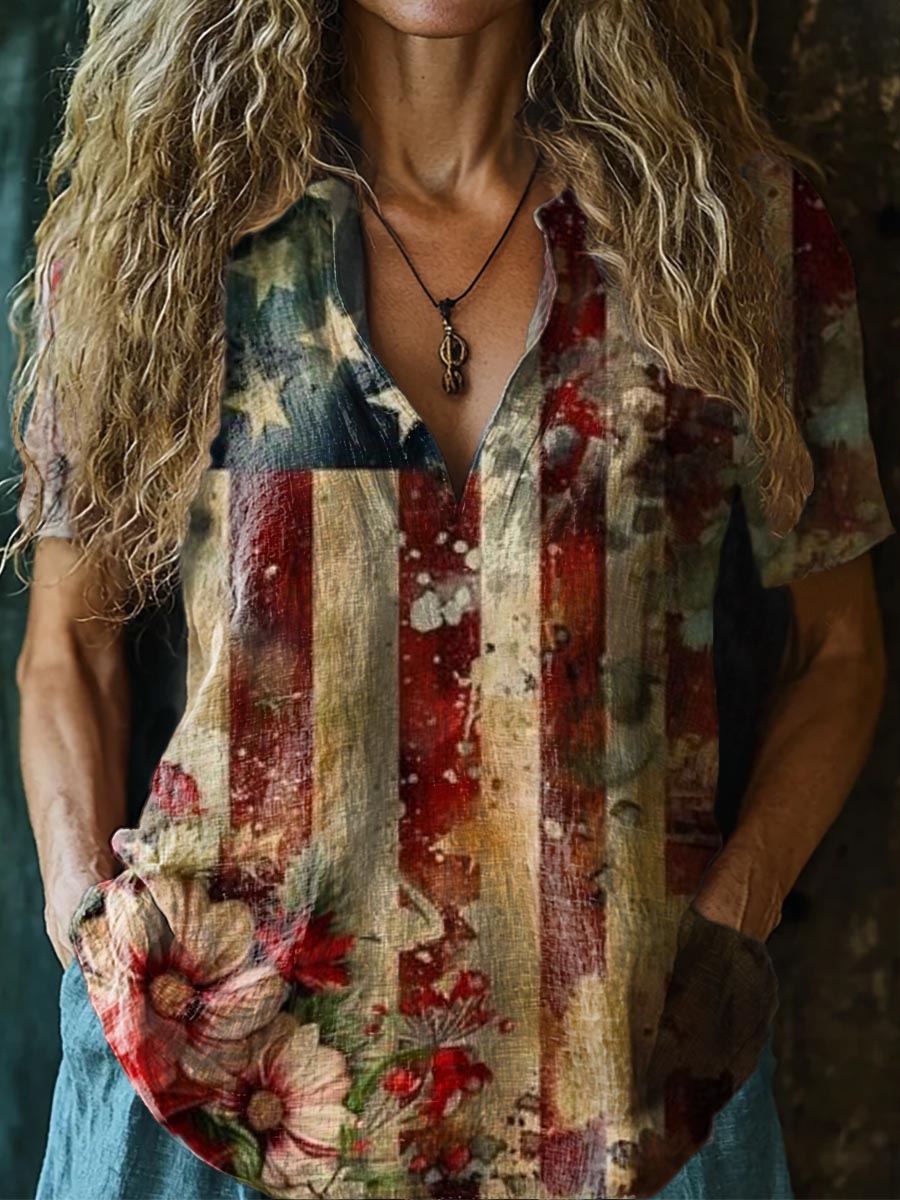 Women's Vintage Flag Floral Art Print Casual Short Sleeve Comfortable