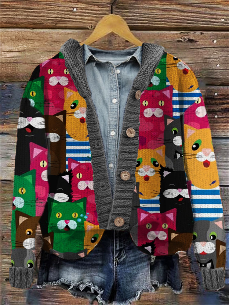 Colorful Cute Cats Embroidered Hooded Cardigan elevenforest