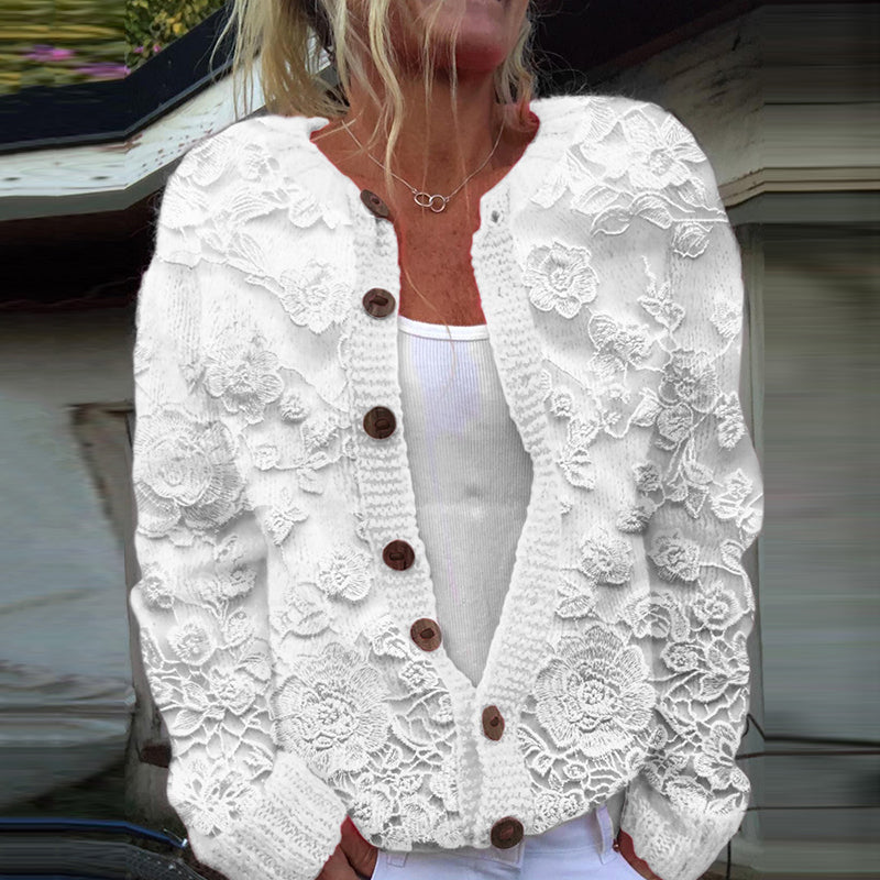 Lace Floral Embroidery Art Print Cozy Hooded Cardigan artswardrobe