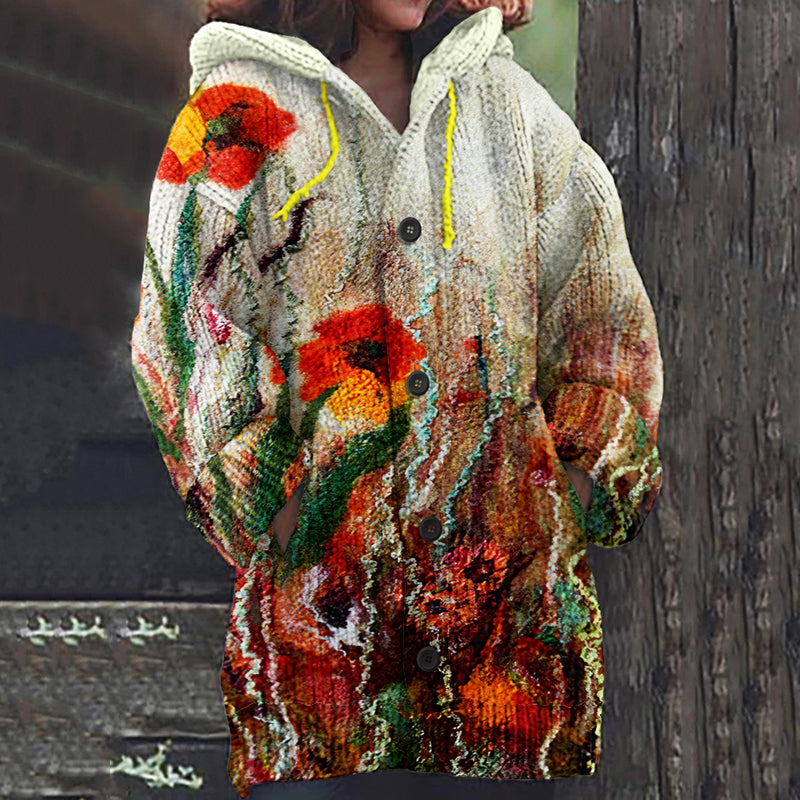 Vintage Colorful Floral Art Cozy Button Sweater artswardrobe