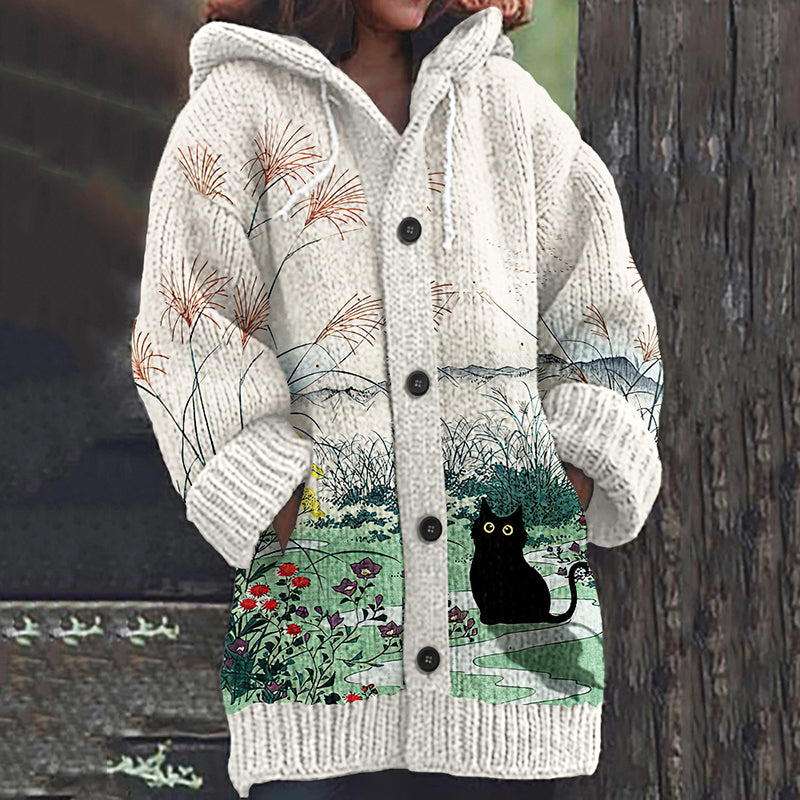 Women's Flowers & Black Cat Cozy Cardigan Sweater elevenforest
